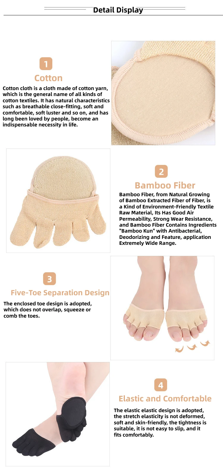 2Pcs=1Pair Toe Separator Foot Care Half Insoles Five Finger Socks Pads Bunion Sleeve Protector Hallux Valgus Forefoot For Women